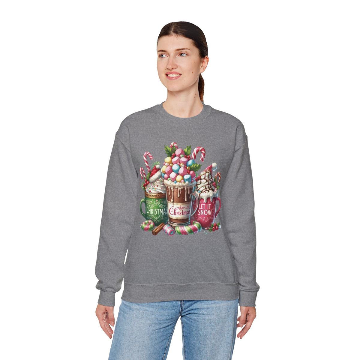 Hot Chocolate Mugs Christmas Hot Cocoa – Gildan Heavy Blend | Trendy Women’s Soft Sweatshirt. Direct to Garment. Printed & Shipped in the USA. Unisex Sizes.