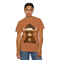 Cute Highland Cow with Leopard Santa Hat Christmas - Comfort Colors | Trendy Women's T-Shirt. Direct to Garment. Printed & Shipped in the USA. Unisex Sizes.