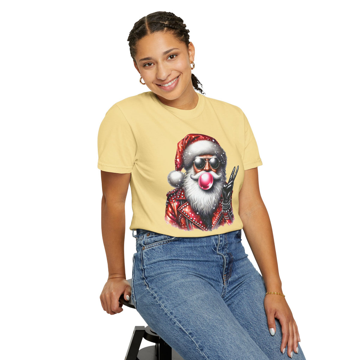 Biker Santa Leather Jacket Bubblegum - Comfort Colors | Trendy Women's and Men's T-Shirt. Direct to Garment. Printed & Shipped in the USA. Unisex Sizes.