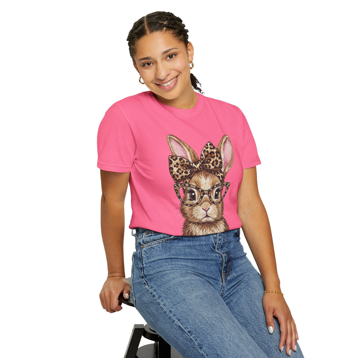 Bunny with Leopard Bow and Glasses - Comfort Colors | Trendy Women's T-Shirt. Direct to Garment. Printed & Shipped in the USA. Unisex Sizes.