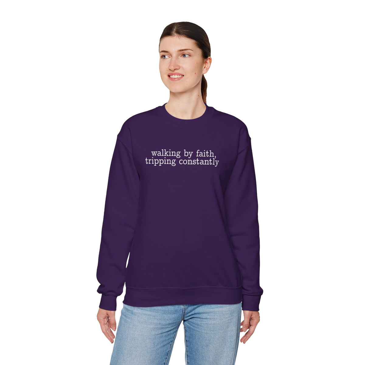 Walking By Faith, Tripping Constantly - Minimalist Design – Gildan Heavy Blend | Trendy Men's and Women’s Soft Sweatshirt. Direct to Garment. Printed & Shipped in the USA. Unisex Sizes.