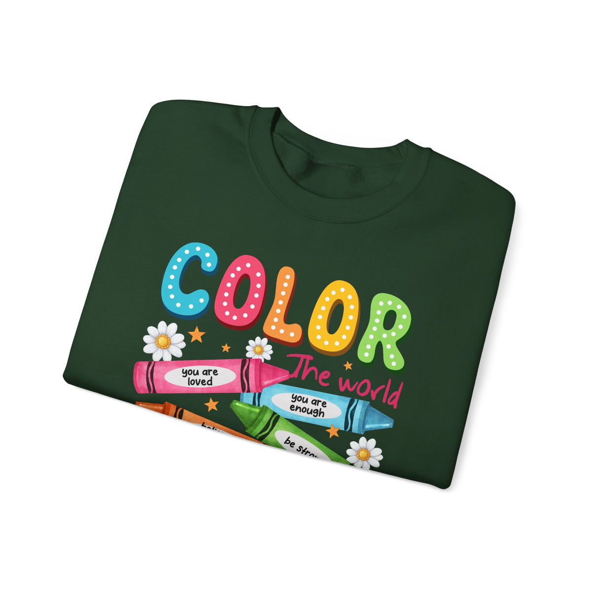 Color the World With Kindness Crayons, Great Teacher Gift – Gildan Heavy Blend | Trendy Women’s and Men's Soft Sweatshirt. Direct to Garment. Printed & Shipped in the USA. Unisex Sizes.