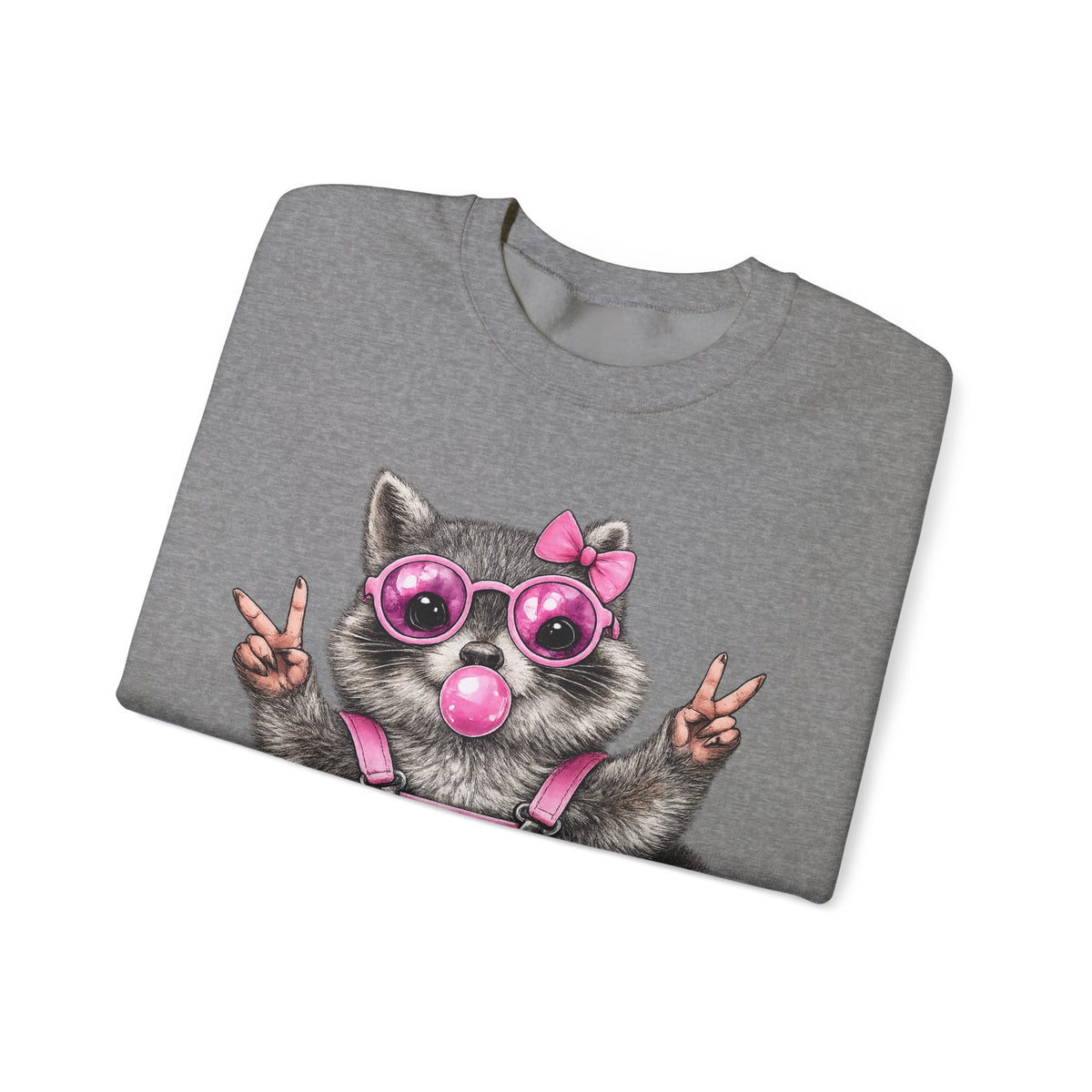 Cute But Feral, Raccoon in Pink Bibs – Gildan Heavy Blend | Trendy Women’s Soft Sweatshirt. Direct to Garment. Printed & Shipped in the USA. Unisex Sizes.