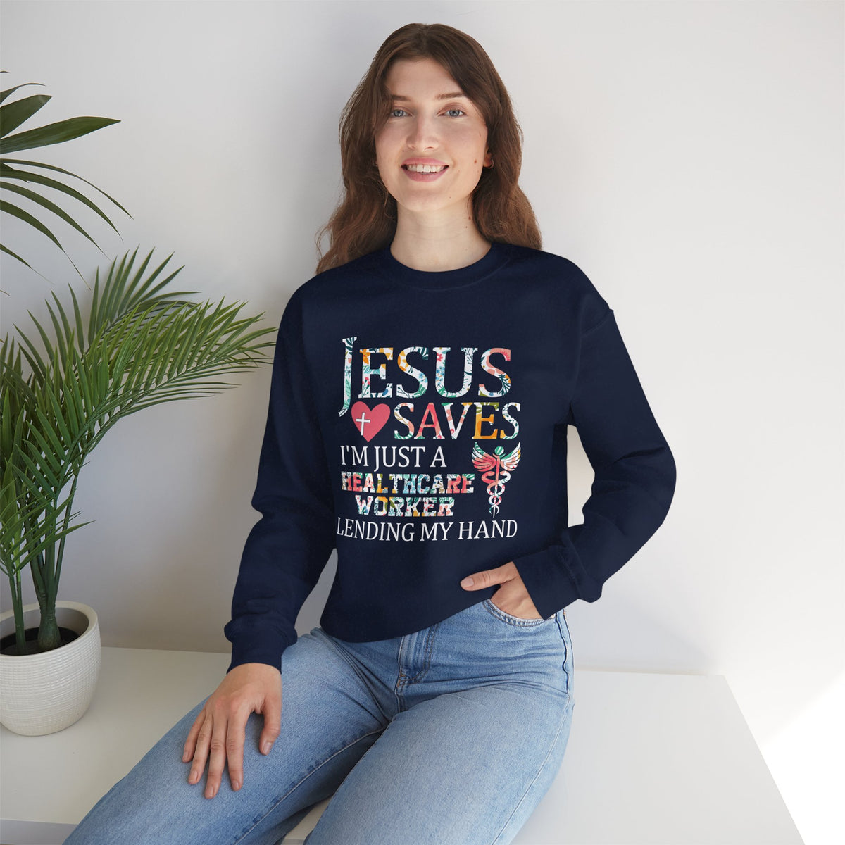 Jesus Saves - Healthcare Worker Lending My Hand – Gildan Heavy Blend | Trendy Women’s Soft Sweatshirt. Direct to Garment. Printed & Shipped in the USA. Unisex Sizes.