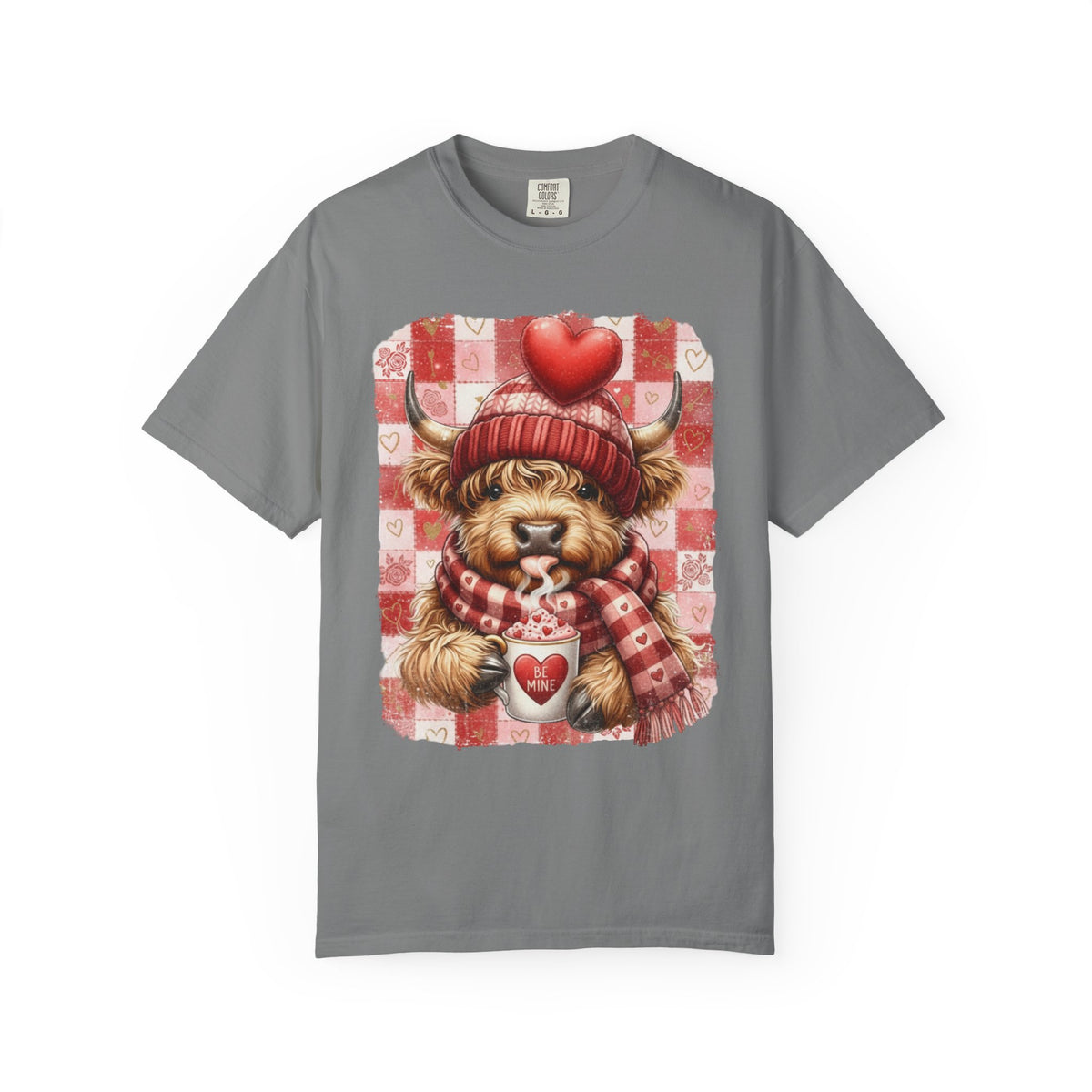 Highland Cow Be Mine, Red Checkered - Comfort Colors | Trendy Women's T-Shirt. Direct to Garment. Printed & Shipped in the USA. Unisex Sizes.