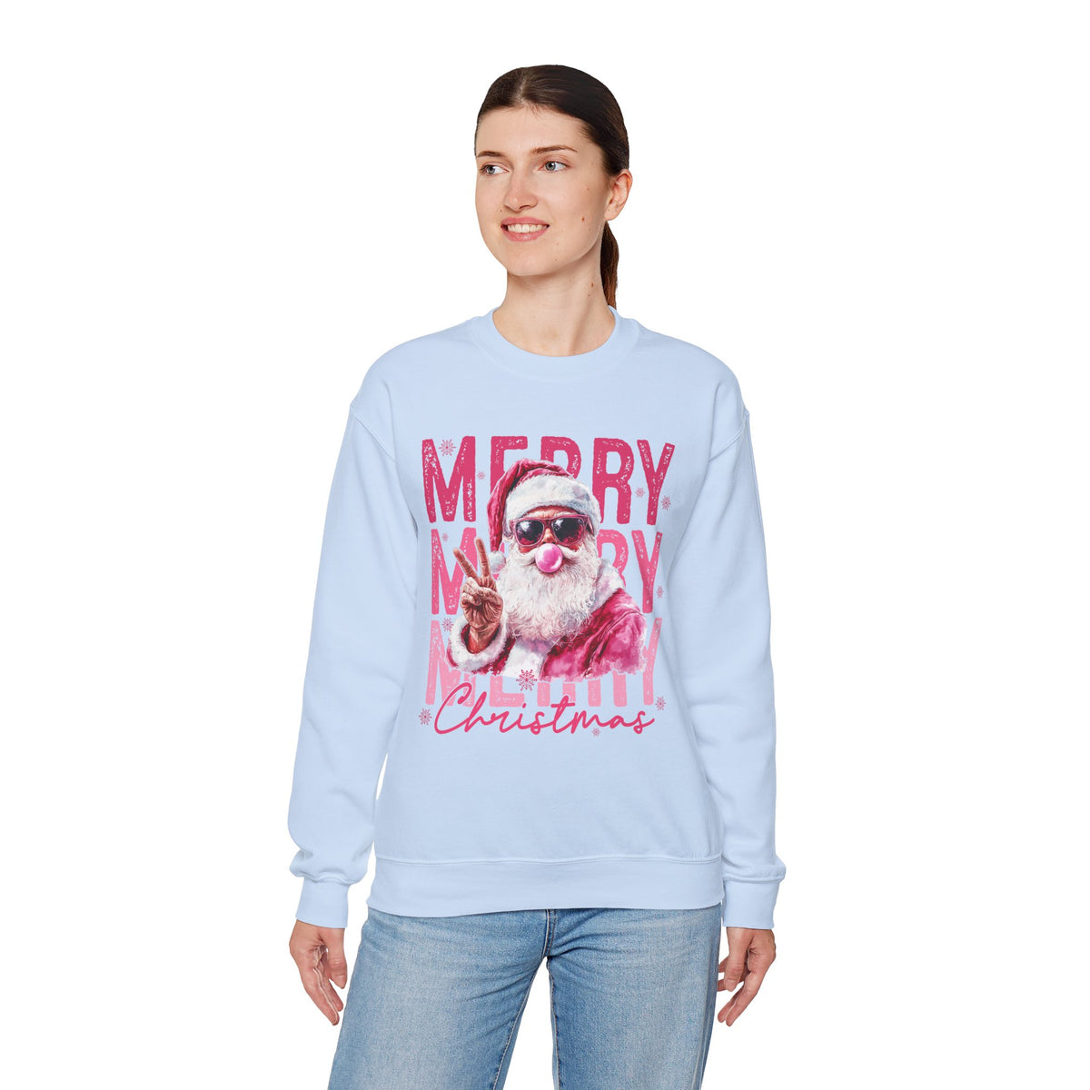 Pink Merry Christmas Bubblegum Santa – Gildan Heavy Blend | Trendy Women’s Soft Sweatshirt. Direct to Garment. Printed & Shipped in the USA. Unisex Sizes.