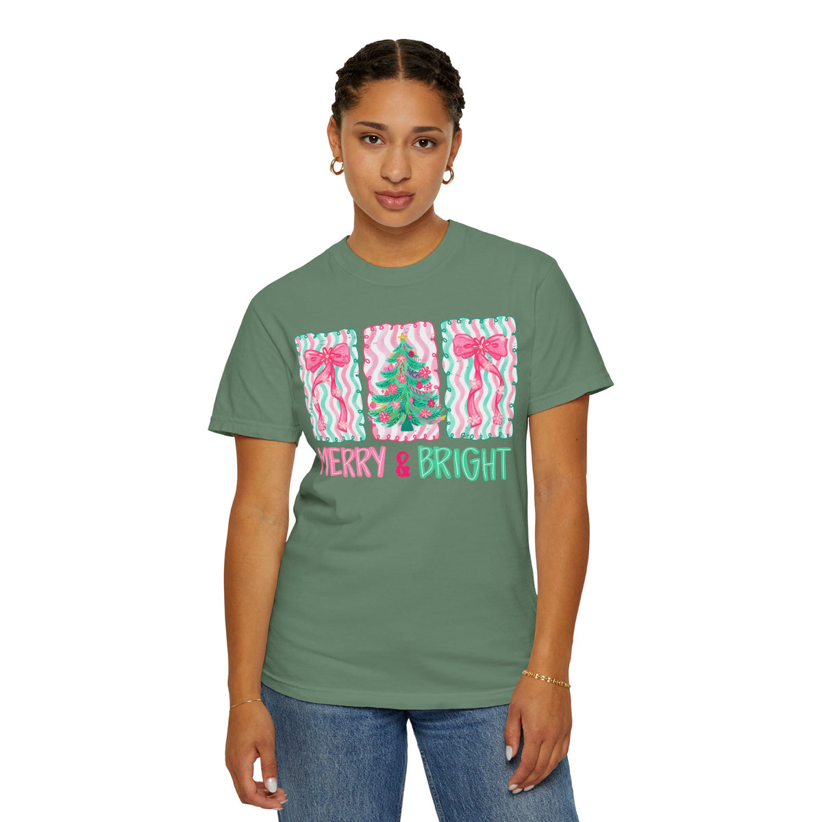 Merry & Bright Christmas — Pink & Green Holiday Tree Design - Comfort Colors | Trendy Women's T-Shirt. Direct to Garment. Printed & Shipped in the USA. Unisex Sizes.