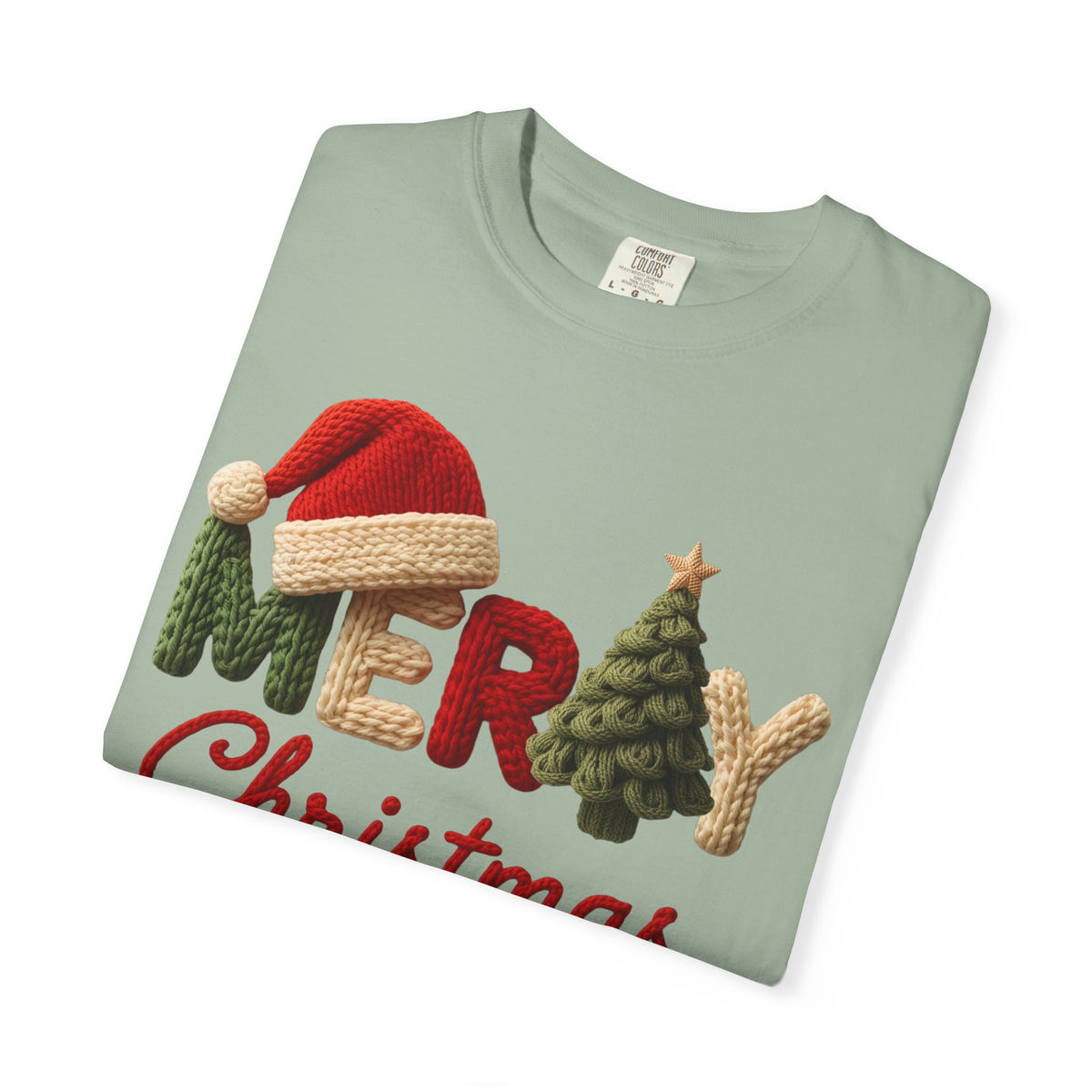 Merry Christmas Faux Yarn w/Santa Hat & Tree - Comfort Colors | Trendy Women's T-Shirt. Direct to Garment. Printed & Shipped in the USA. Unisex Sizes.