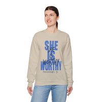 She Is Worthy – Gildan Heavy Blend | Trendy Women’s Soft Sweatshirt. Direct to Garment. Printed & Shipped in the USA. Unisex Sizes.