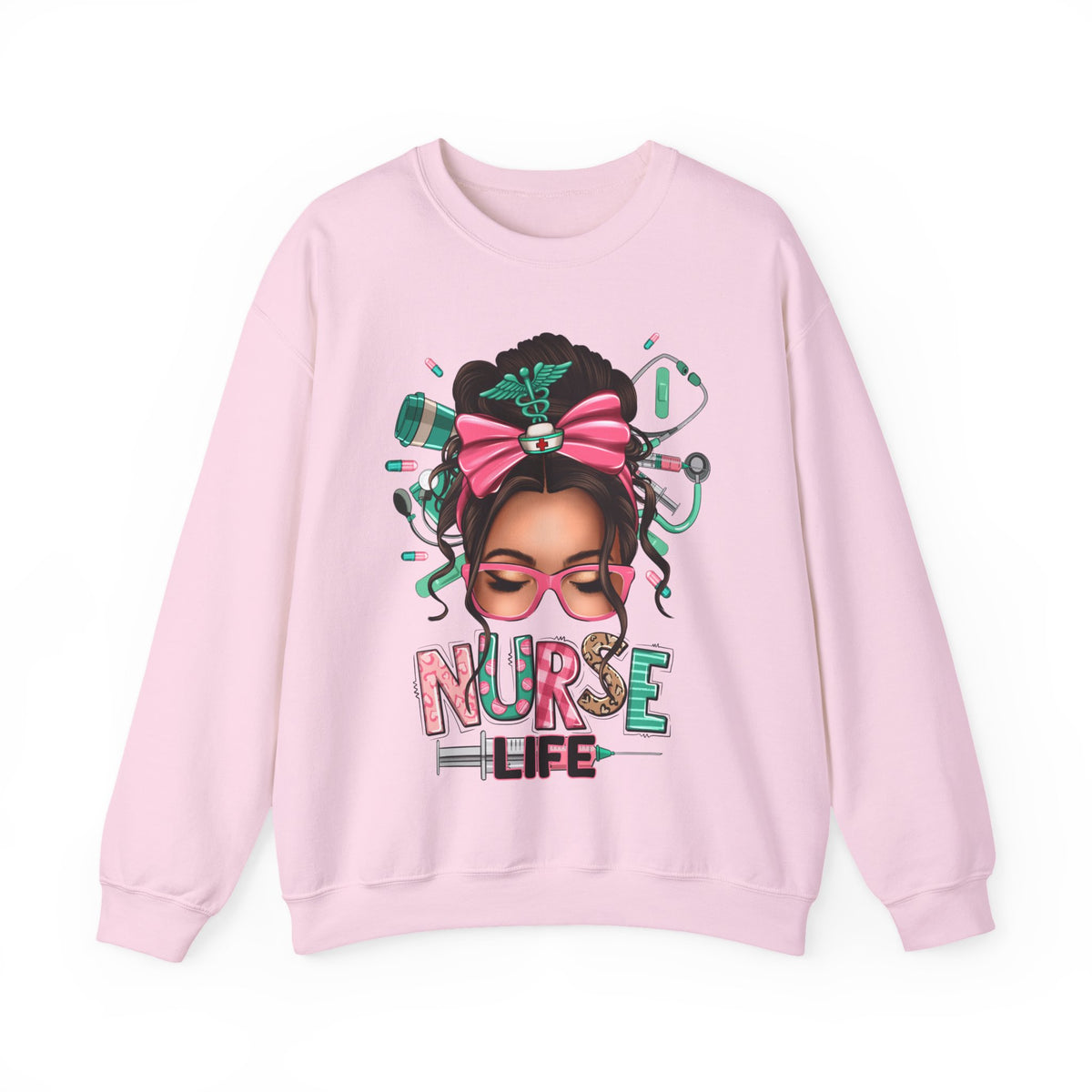 Nurse Life Messy Bun, Cute Stethoscope & Syringe – Gildan Heavy Blend | Trendy Women’s Soft Sweatshirt. Direct to Garment. Printed & Shipped in the USA. Unisex Sizes.