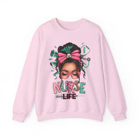Nurse Life Messy Bun, Cute Stethoscope & Syringe – Gildan Heavy Blend | Trendy Women’s Soft Sweatshirt. Direct to Garment. Printed & Shipped in the USA. Unisex Sizes.