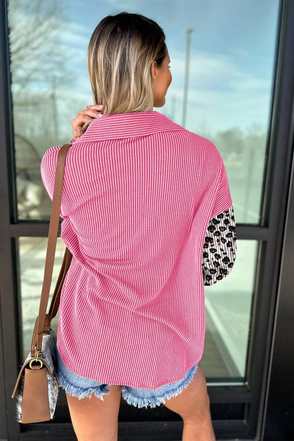 Pink, Leopard-Patched Ribbed Button-Up Long Sleeve Top with Pocket