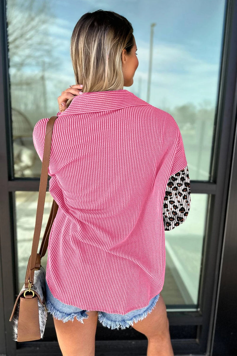 Pink, Leopard-Patched Ribbed Button-Up Long Sleeve Top with Pocket