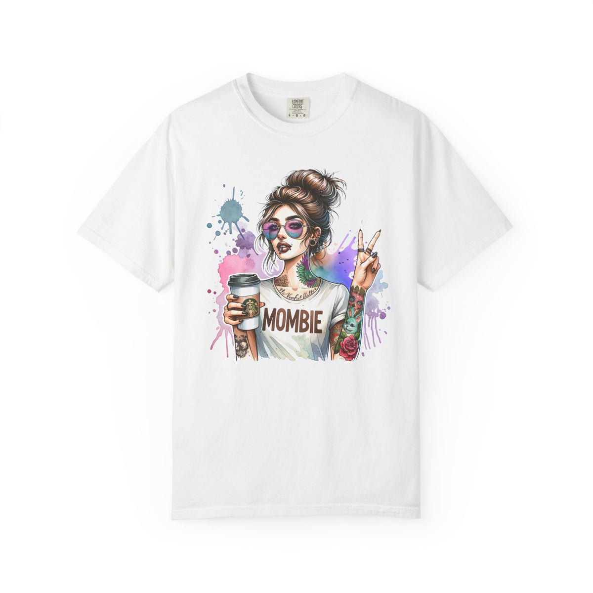 Cool Mombie with Coffee Peace Tattoo - Comfort Colors | Trendy Women's T-Shirt. Direct to Garment. Printed & Shipped in the USA. Unisex Sizes.