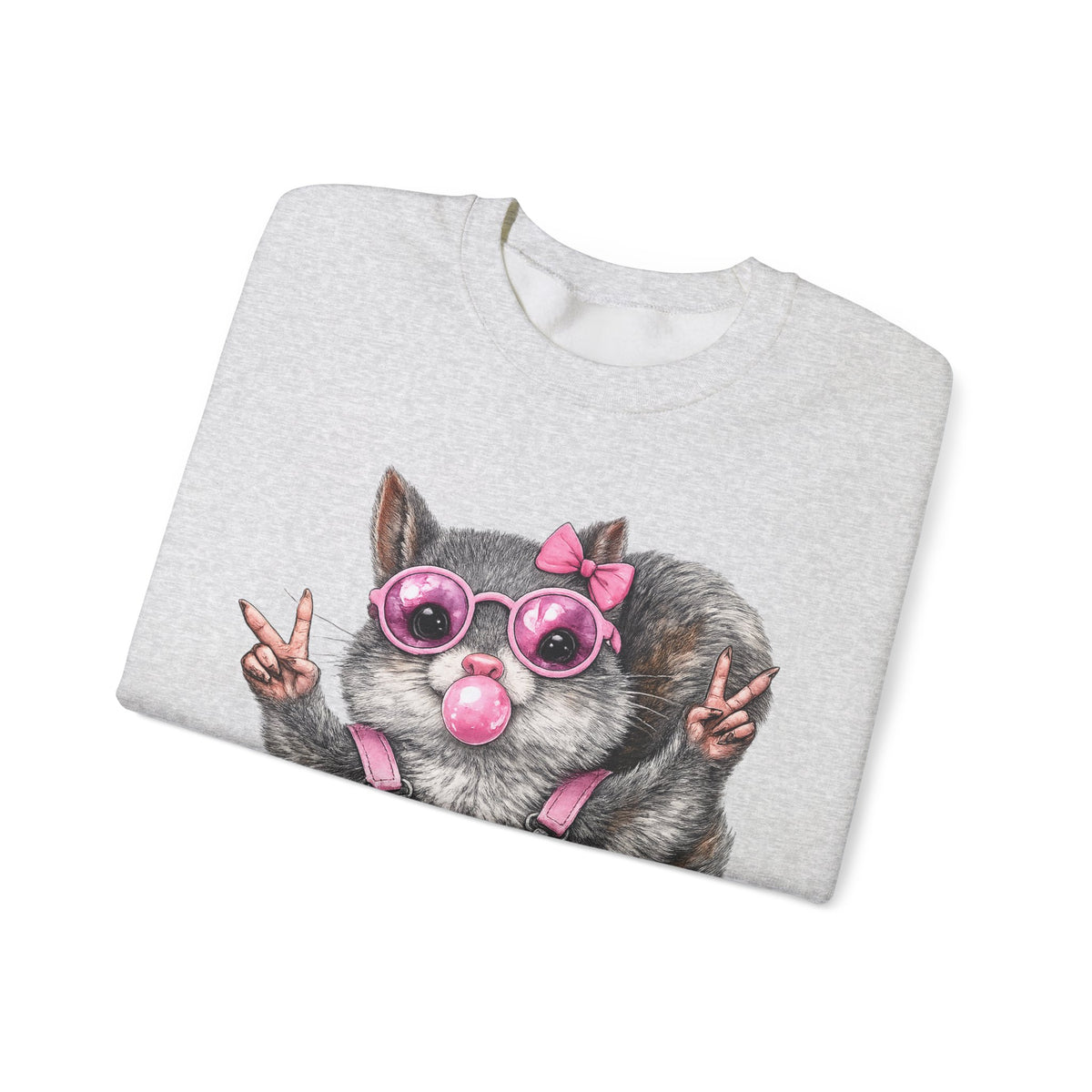 Cute But Feral, Squirrel in Pink Bibs – Gildan Heavy Blend | Trendy Women’s Soft Sweatshirt. Direct to Garment. Printed & Shipped in the USA. Unisex Sizes.