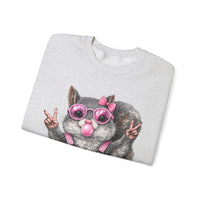 Cute But Feral, Squirrel in Pink Bibs – Gildan Heavy Blend | Trendy Women’s Soft Sweatshirt. Direct to Garment. Printed & Shipped in the USA. Unisex Sizes.
