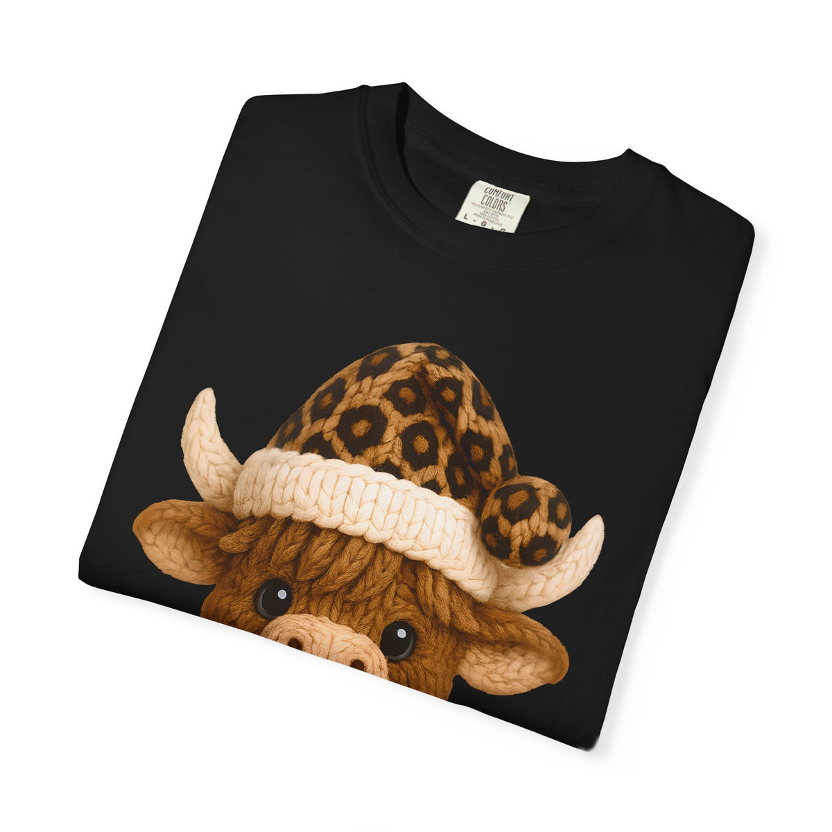 Cute Highland Cow with Leopard Santa Hat Christmas - Comfort Colors | Trendy Women's T-Shirt. Direct to Garment. Printed & Shipped in the USA. Unisex Sizes.