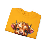 Coffee Addict Highland Cow Drinking Iced Coffee – Gildan Heavy Blend | Trendy Women’s Soft Sweatshirt. Direct to Garment. Printed & Shipped in the USA. Unisex Sizes.
