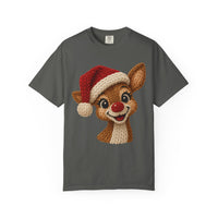 Cute Rudolph Faux Knit Look Reindeer w/Santa Hat - Comfort Colors | Trendy Women's T-Shirt. Direct to Garment. Printed & Shipped in the USA. Unisex Sizes.