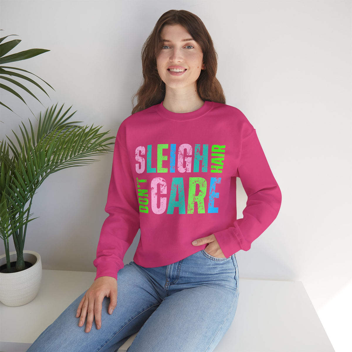 Sleigh Hair Don’t Care, Funny Christmas Graphic Tee – Gildan Heavy Blend | Trendy Women’s Soft Sweatshirt. Direct to Garment. Printed & Shipped in the USA. Unisex Sizes.