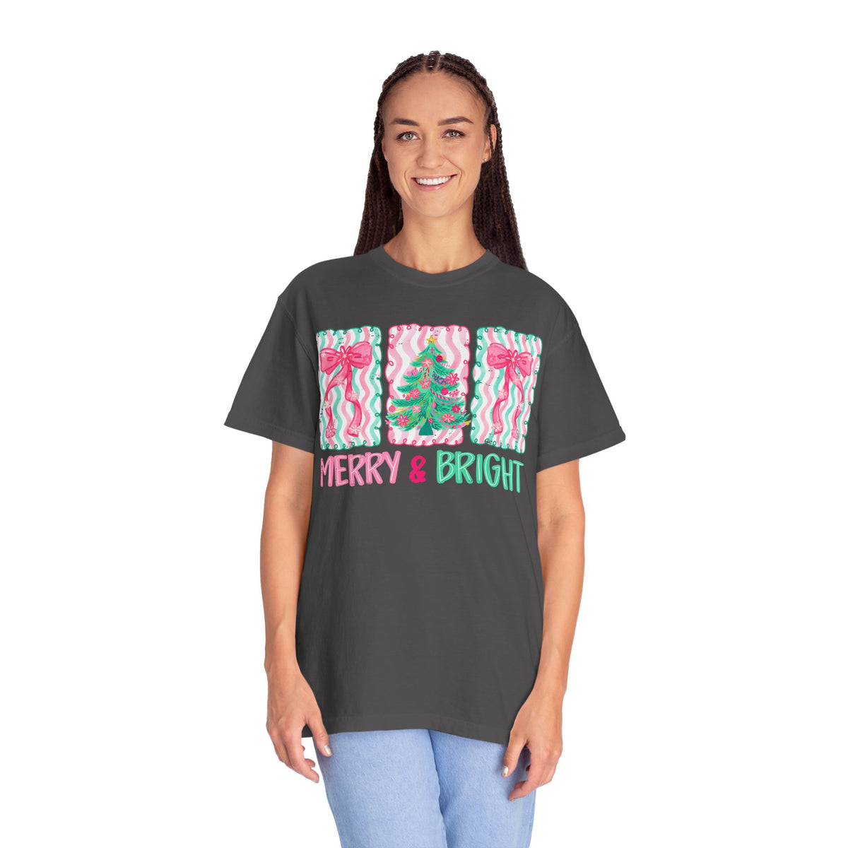 Merry & Bright Christmas — Pink & Green Holiday Tree Design - Comfort Colors | Trendy Women's T-Shirt. Direct to Garment. Printed & Shipped in the USA. Unisex Sizes.