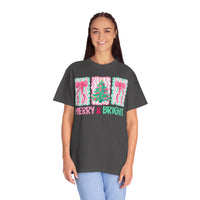 Merry & Bright Christmas — Pink & Green Holiday Tree Design - Comfort Colors | Trendy Women's T-Shirt. Direct to Garment. Printed & Shipped in the USA. Unisex Sizes.