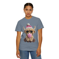 Faux Crochet Highland Cow Bubblegum - Comfort Colors | Trendy Women's T-Shirt. Direct to Garment. Printed & Shipped in the USA. Unisex Sizes.