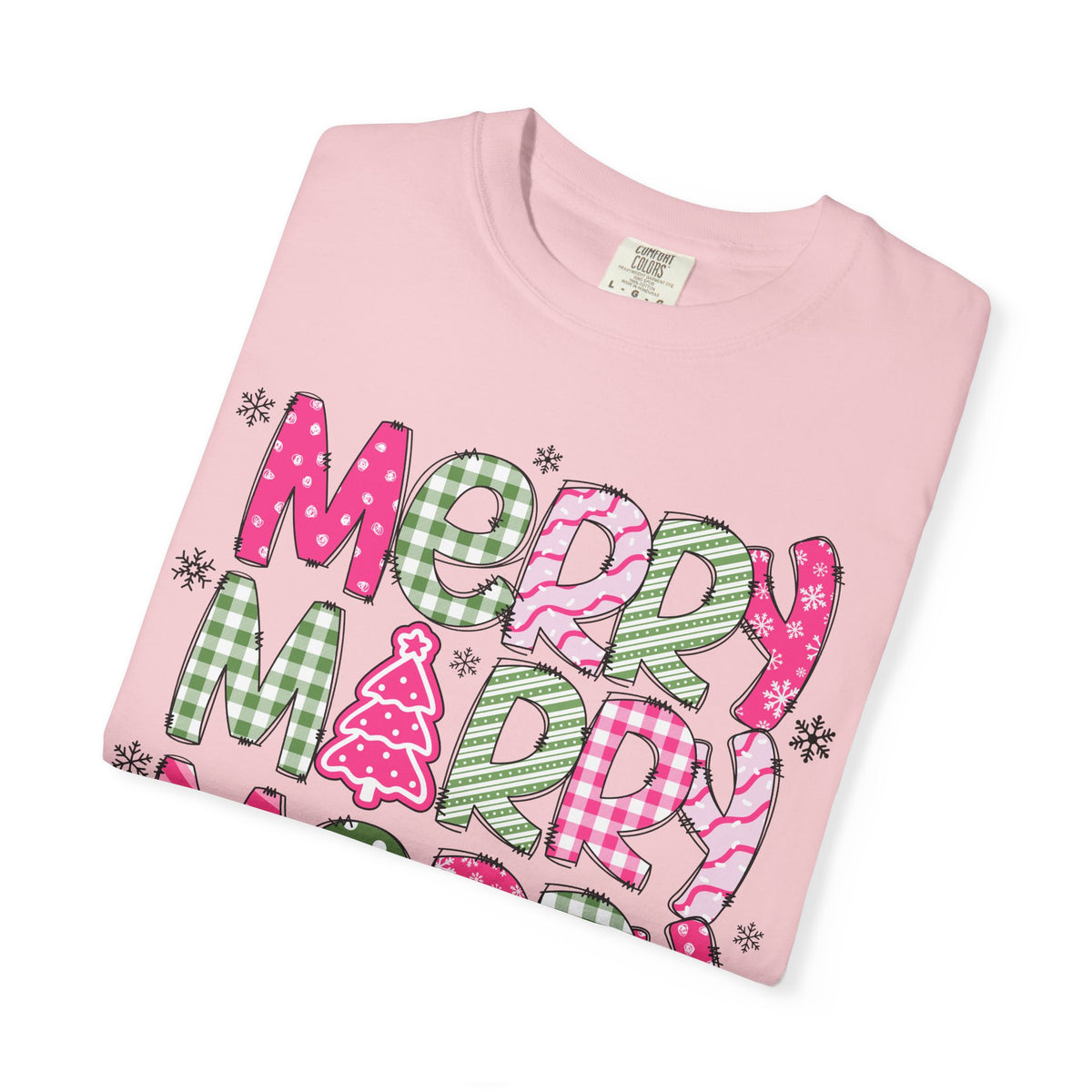 Merry Merry Merry Christmas, Festive Candy Cane & Pink and Green Plaid - Comfort Colors | Trendy Women's T-Shirt. Direct to Garment. Printed & Shipped in the USA. Unisex Sizes.