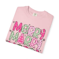 Merry Merry Merry Christmas, Festive Candy Cane & Pink and Green Plaid - Comfort Colors | Trendy Women's T-Shirt. Direct to Garment. Printed & Shipped in the USA. Unisex Sizes.