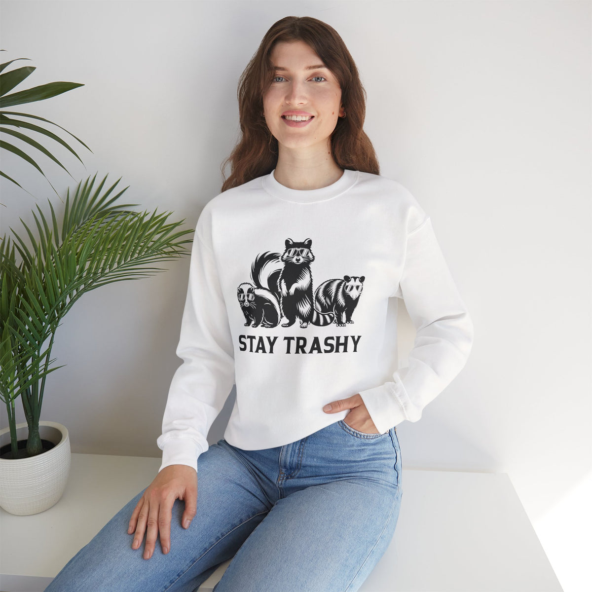 Stay Trashy, Skunk Raccoon Possum – Gildan Heavy Blend | Trendy Women’s and Men's Soft Sweatshirt. Direct to Garment. Printed & Shipped in the USA. Unisex Sizes.