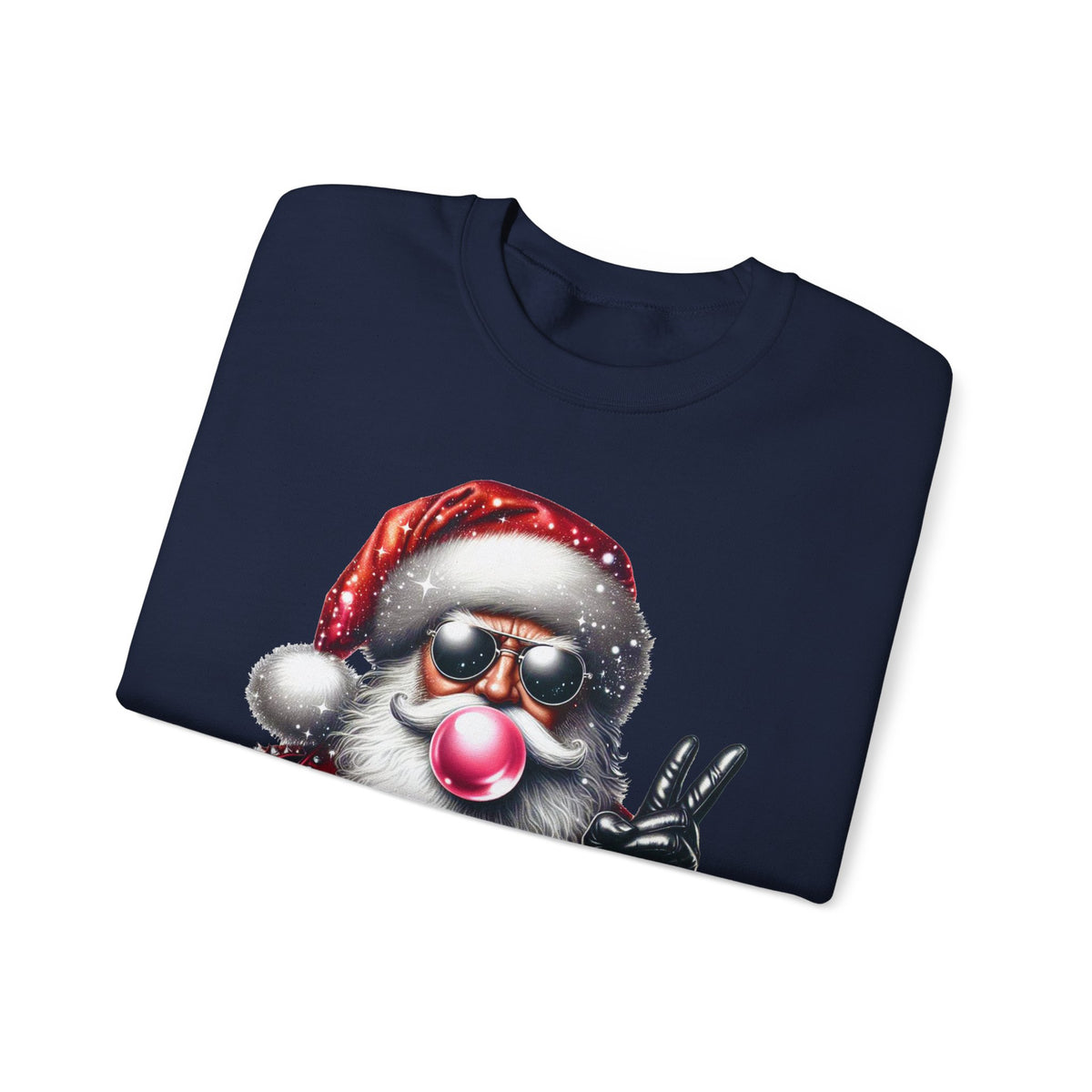 Biker Santa Leather Jacket Bubblegum – Gildan Heavy Blend | Trendy Women’s and Men's Soft Sweatshirt. Direct to Garment. Printed & Shipped in the USA. Unisex Sizes.