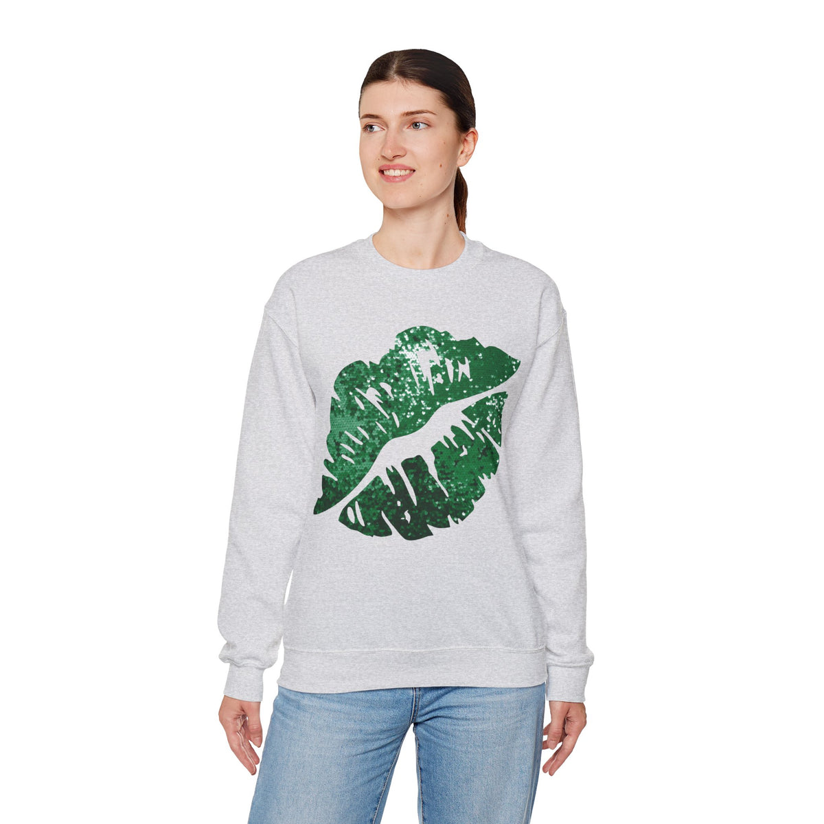 Green Faux Glitter Kiss – Gildan Heavy Blend | Trendy Women’s Soft Sweatshirt. Direct to Garment. Printed & Shipped in the USA. Unisex Sizes.