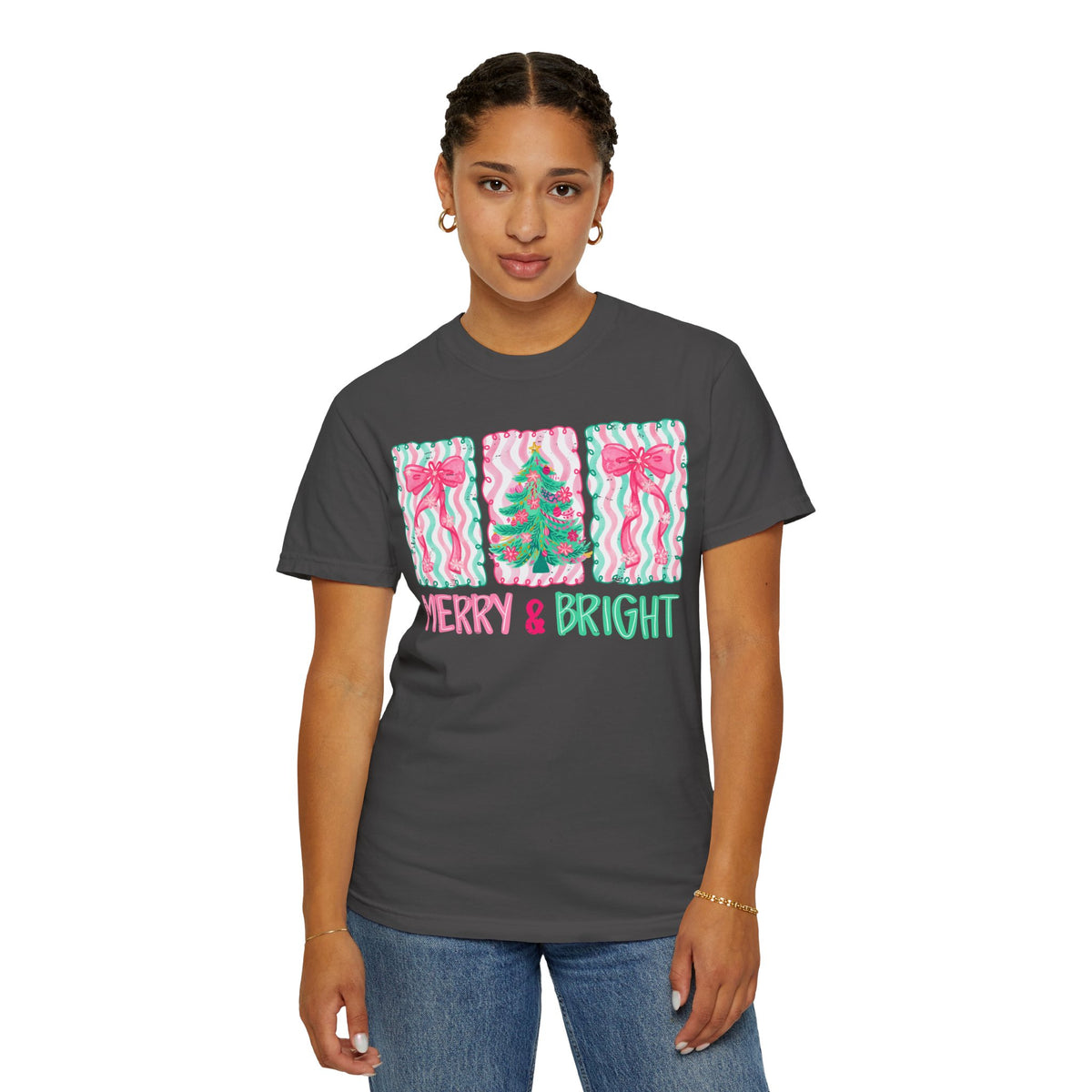 Merry & Bright Christmas — Pink & Green Holiday Tree Design - Comfort Colors | Trendy Women's T-Shirt. Direct to Garment. Printed & Shipped in the USA. Unisex Sizes.