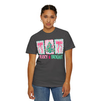 Merry & Bright Christmas — Pink & Green Holiday Tree Design - Comfort Colors | Trendy Women's T-Shirt. Direct to Garment. Printed & Shipped in the USA. Unisex Sizes.