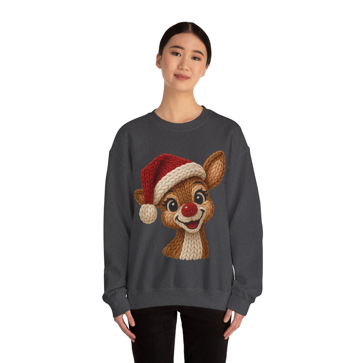 Cute Rudolph Faux Knit Look Reindeer w/Santa Hat – Gildan Heavy Blend | Trendy Women’s Soft Sweatshirt. Direct to Garment. Printed & Shipped in the USA. Unisex Sizes.