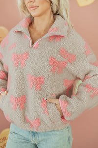 Gray Quarter Zip Pullover w/Pink Bows and Accents