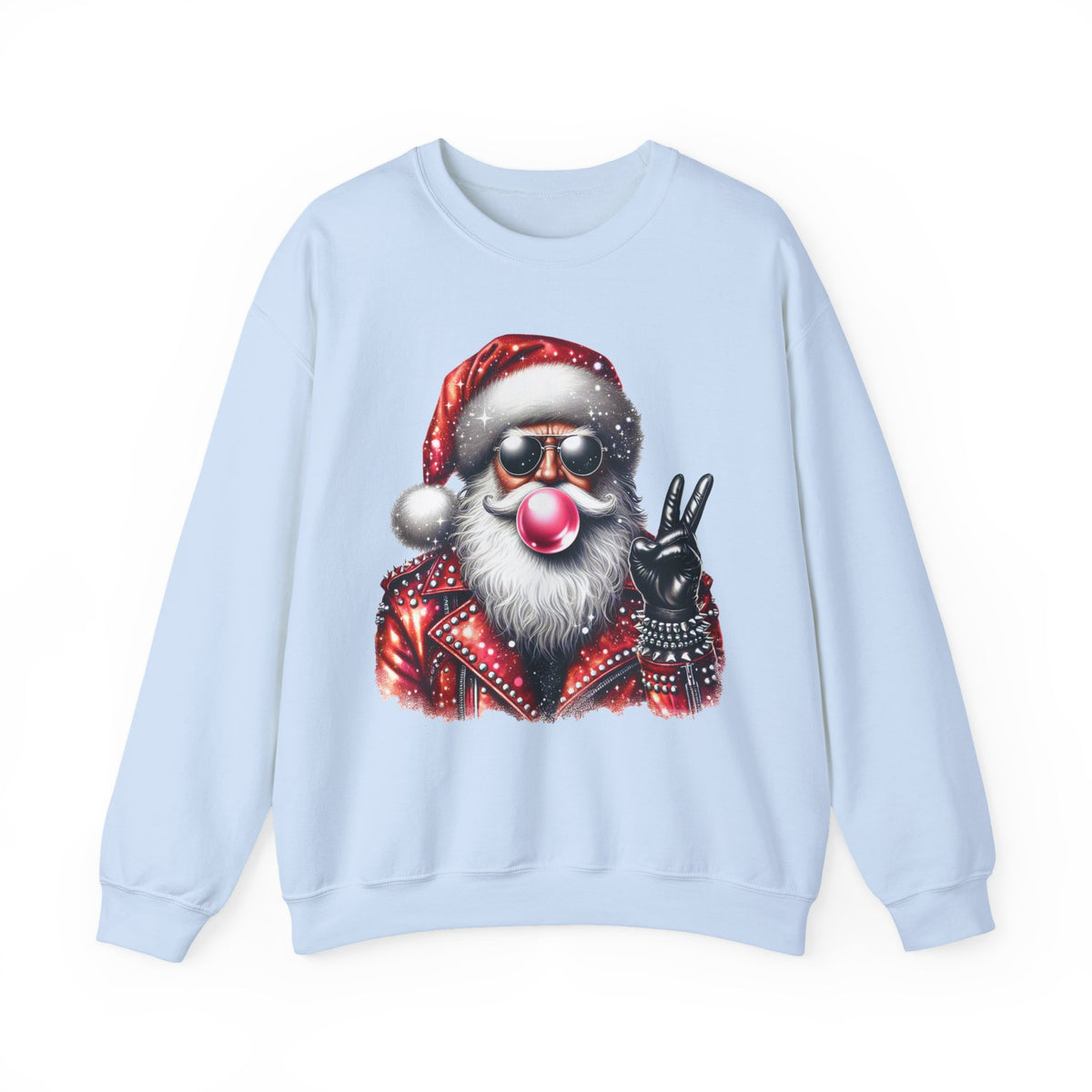 Biker Santa Leather Jacket Bubblegum – Gildan Heavy Blend | Trendy Women’s and Men's Soft Sweatshirt. Direct to Garment. Printed & Shipped in the USA. Unisex Sizes.