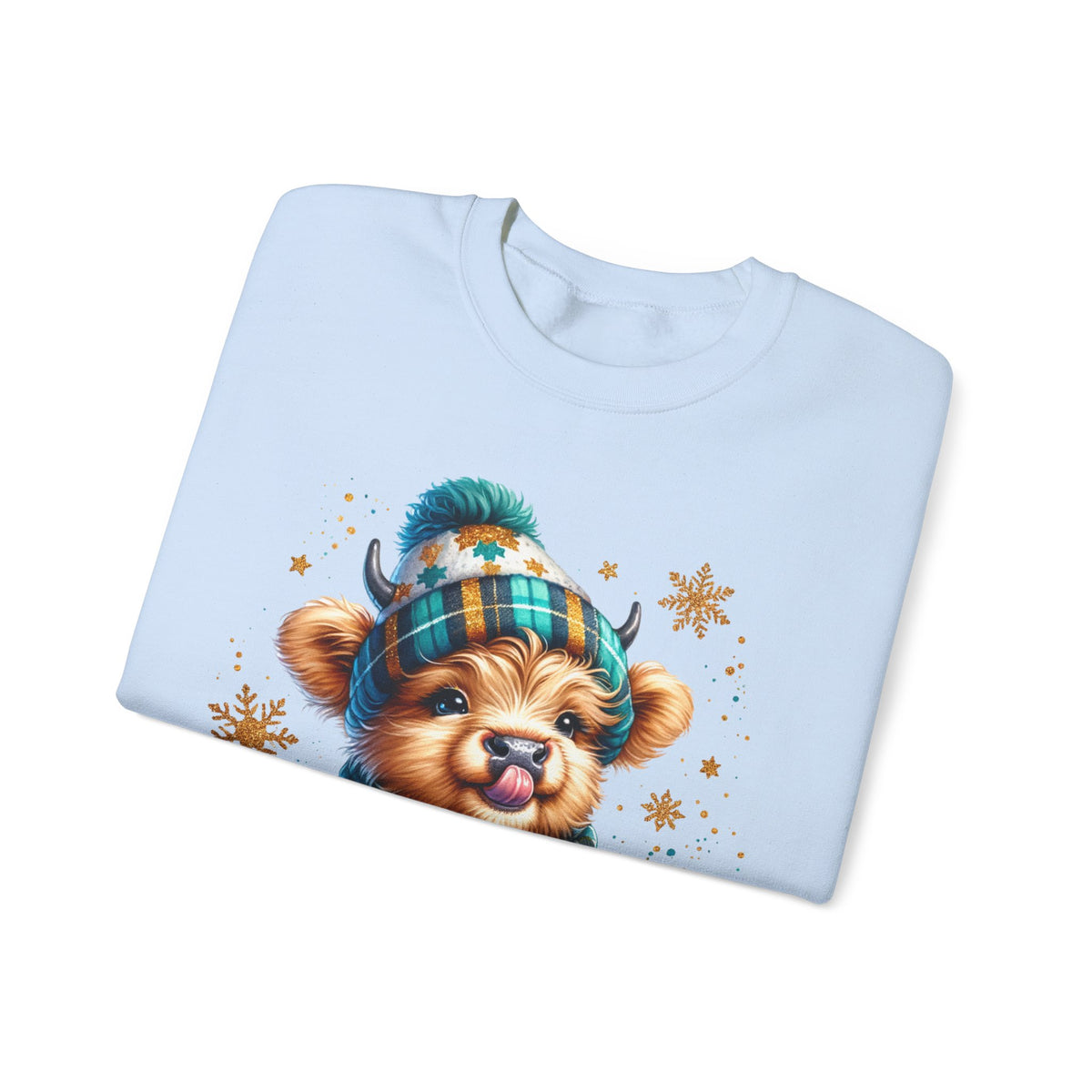 Winter Baby Highland Cow with Cocoa – Gildan Heavy Blend | Trendy Women’s Soft Sweatshirt. Direct to Garment. Printed & Shipped in the USA. Unisex Sizes.