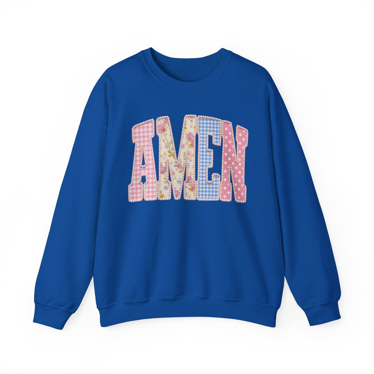 Pastel faux Patchwork AMEN with faux Pearls – Gildan Heavy Blend | Trendy Women’s Soft Sweatshirt. Direct to Garment. Printed & Shipped in the USA. Unisex Sizes.