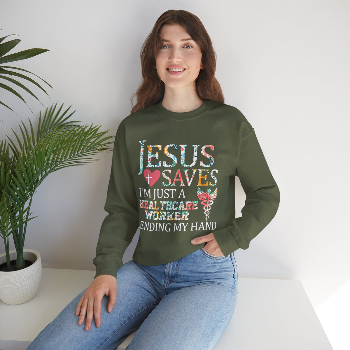 Jesus Saves - Healthcare Worker Lending My Hand – Gildan Heavy Blend | Trendy Women’s Soft Sweatshirt. Direct to Garment. Printed & Shipped in the USA. Unisex Sizes.