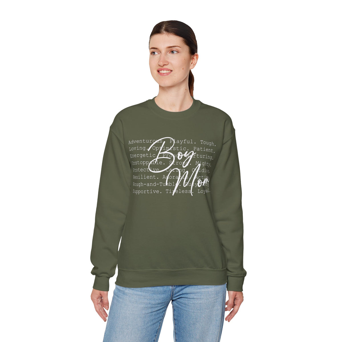 Boy Mom Typography – Gildan Heavy Blend | Trendy Women’s Soft Sweatshirt. Direct to Garment. Printed & Shipped in the USA. Unisex Sizes.