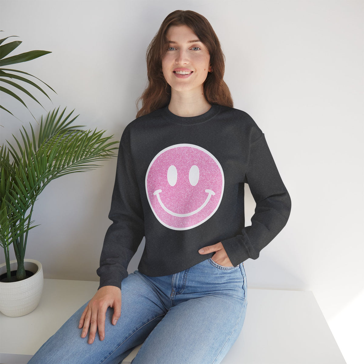 Glitter Smiley – Gildan Heavy Blend | Trendy Women’s Soft Sweatshirt. Direct to Garment. Printed & Shipped in the USA. Unisex Sizes.