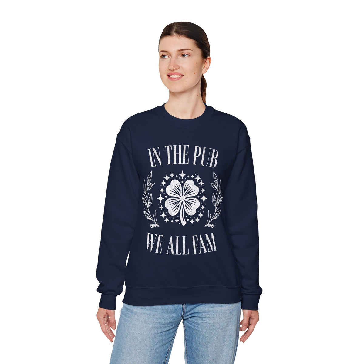 In the Pub We All Fam, Vintage – Gildan Heavy Blend | Trendy Women’s and Men's Soft Sweatshirt. Direct to Garment. Printed & Shipped in the USA. Unisex Sizes.