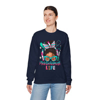 Phlebotomist Life, Messy Bun – Gildan Heavy Blend | Trendy Women’s Soft Sweatshirt. Direct to Garment. Printed & Shipped in the USA. Unisex Sizes.