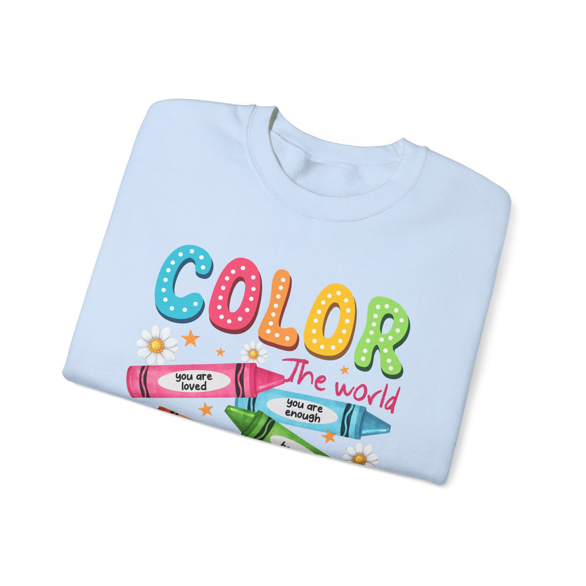 Color the World With Kindness Crayons, Great Teacher Gift – Gildan Heavy Blend | Trendy Women’s and Men's Soft Sweatshirt. Direct to Garment. Printed & Shipped in the USA. Unisex Sizes.