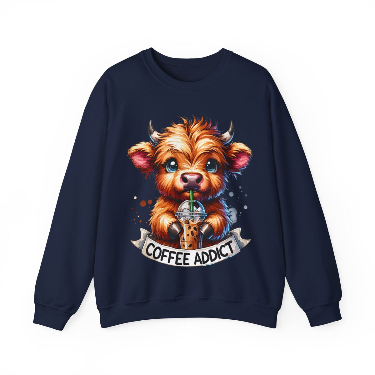 Coffee Addict Highland Cow Drinking Iced Coffee – Gildan Heavy Blend | Trendy Women’s Soft Sweatshirt. Direct to Garment. Printed & Shipped in the USA. Unisex Sizes.