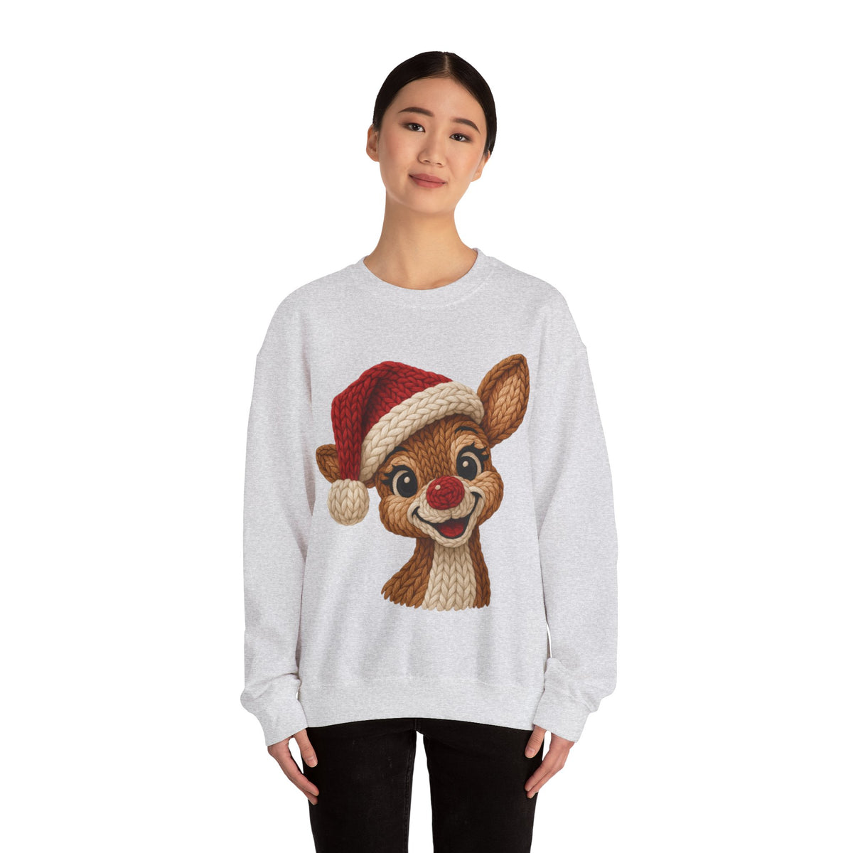 Cute Rudolph Faux Knit Look Reindeer w/Santa Hat – Gildan Heavy Blend | Trendy Women’s Soft Sweatshirt. Direct to Garment. Printed & Shipped in the USA. Unisex Sizes.