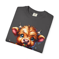 Coffee Addict Highland Cow Drinking Iced Coffee - Comfort Colors | Trendy Women's T-Shirt. Direct to Garment. Printed & Shipped in the USA. Unisex Sizes.