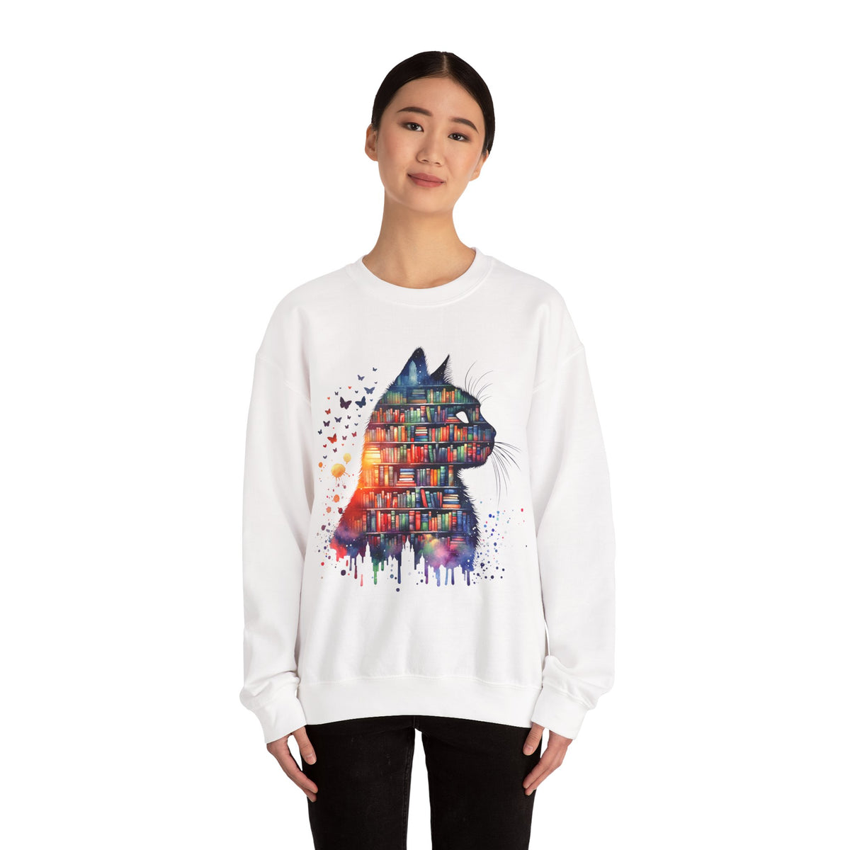 Cat Silhouette for Book Lovers – Gildan Heavy Blend | Trendy Women’s Soft Sweatshirt. Direct to Garment. Printed & Shipped in the USA. Unisex Sizes.