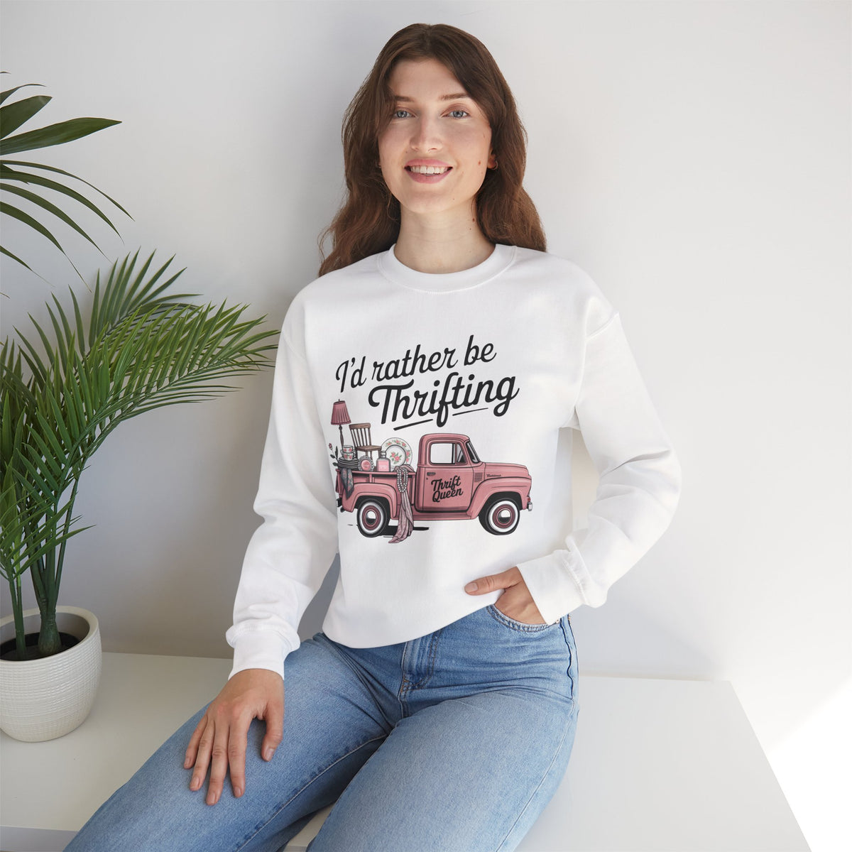 I'd Rather Be Thrifting. Pink Vintage Truck – Gildan Heavy Blend | Trendy Women’s Soft Sweatshirt. Direct to Garment. Printed & Shipped in the USA. Unisex Sizes.